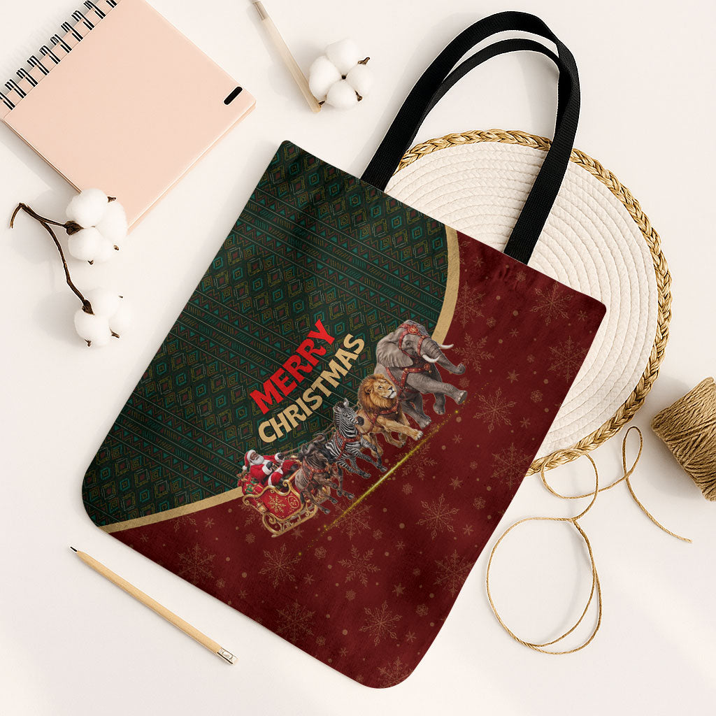 African Safari Animals Christmas Sleigh Tote Bag Festive Wildlife Tribal Pattern Santa Sleigh