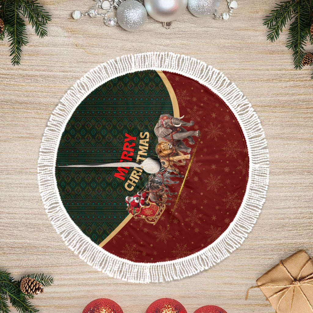 African Safari Animals Christmas Sleigh Tree Skirt Festive Wildlife Tribal Pattern Santa Sleigh