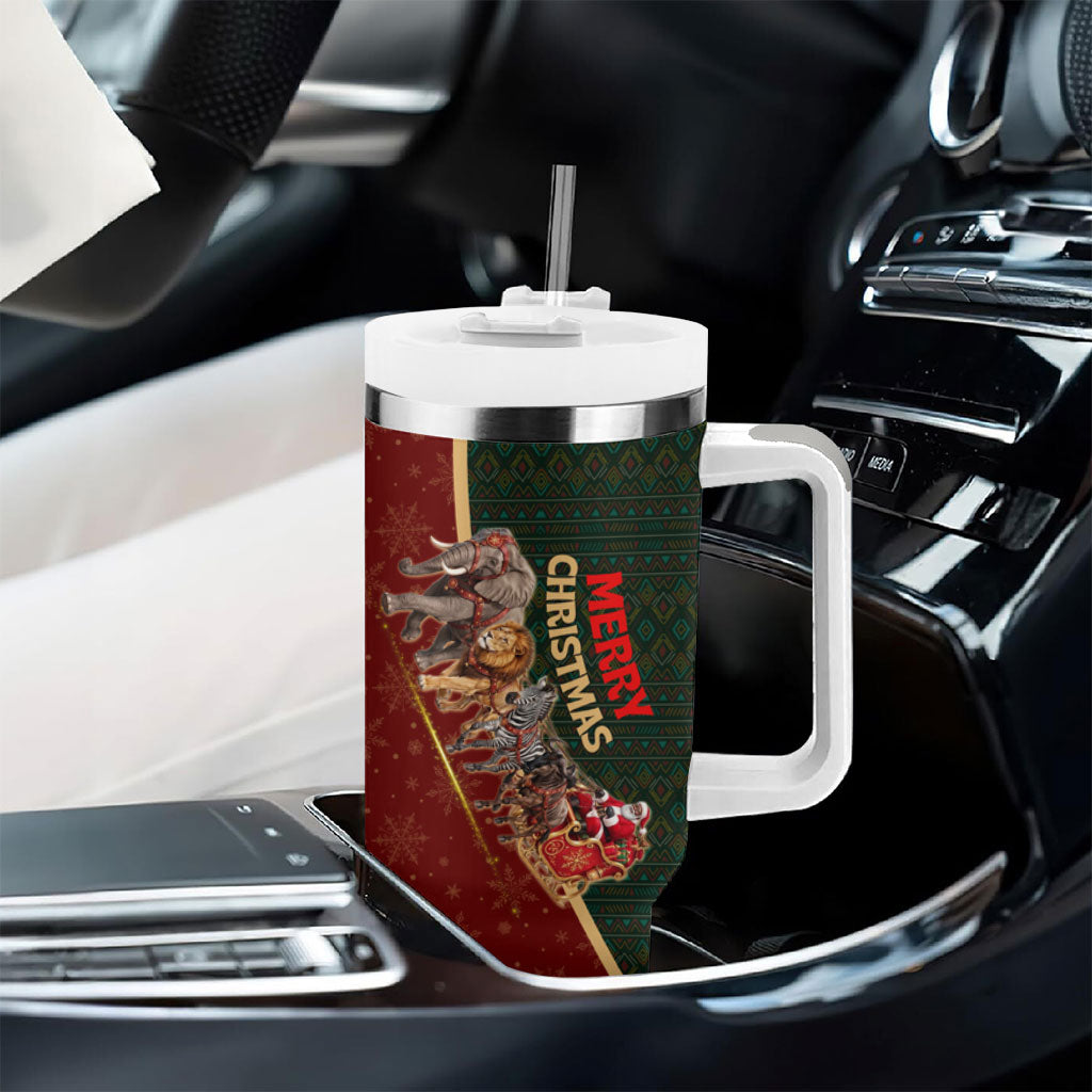 African Safari Animals Christmas Sleigh Tumbler With Handle Festive Wildlife Tribal Pattern Santa Sleigh
