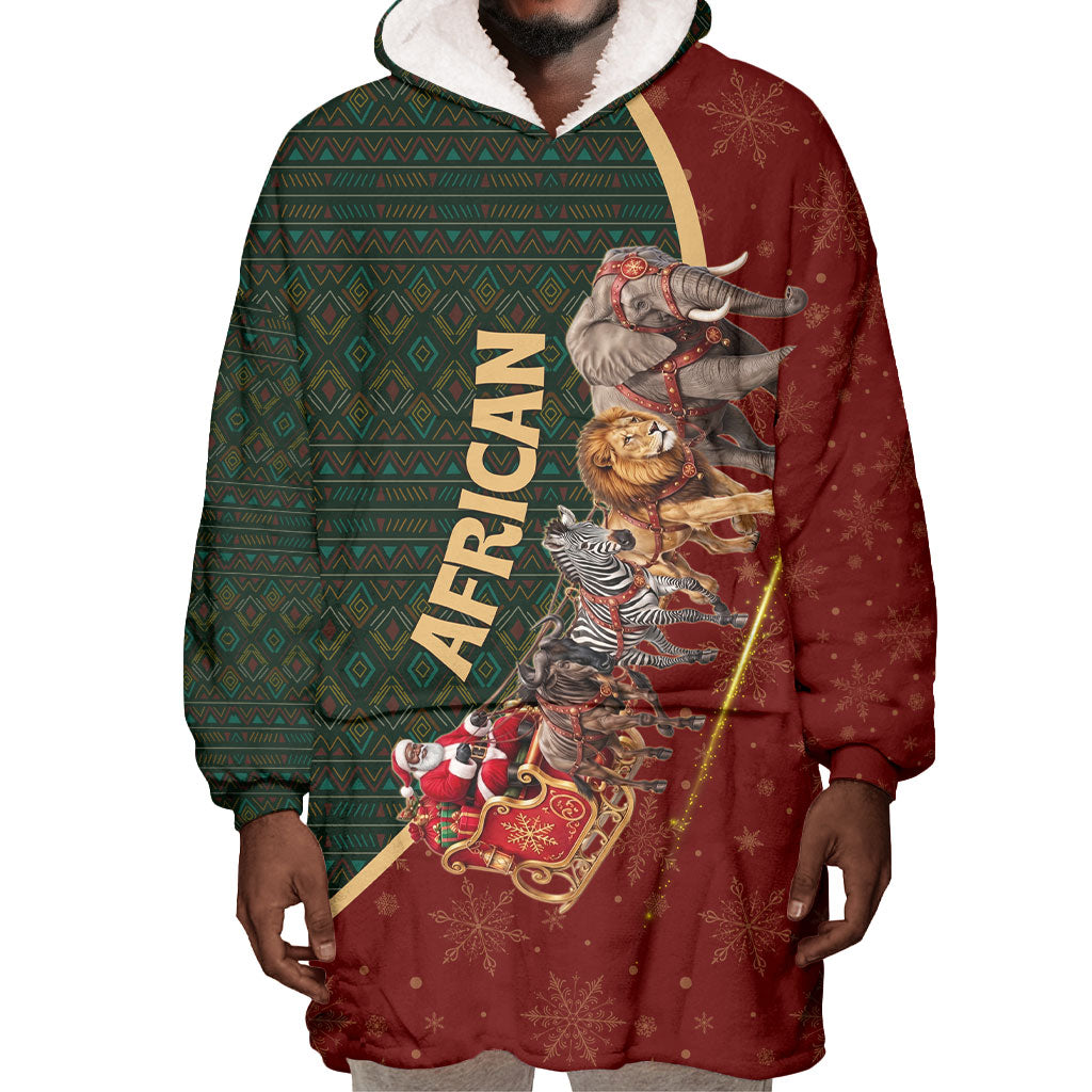 African Safari Animals Christmas Sleigh Wearable Blanket Hoodie Festive Wildlife Tribal Pattern Santa Sleigh