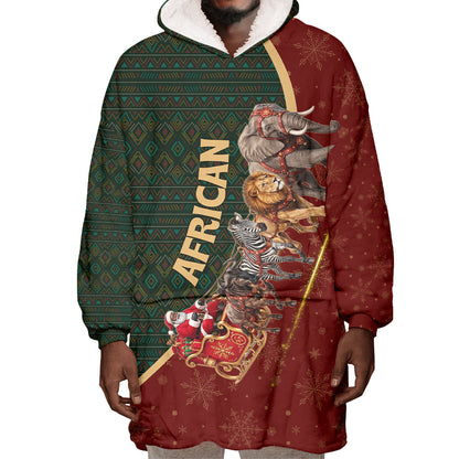 African Safari Animals Christmas Sleigh Wearable Blanket Hoodie Festive Wildlife Tribal Pattern Santa Sleigh