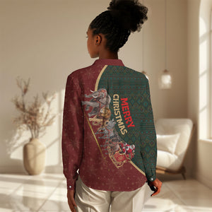 African Safari Animals Christmas Sleigh Women Casual Shirt Festive Wildlife Tribal Pattern Santa Sleigh