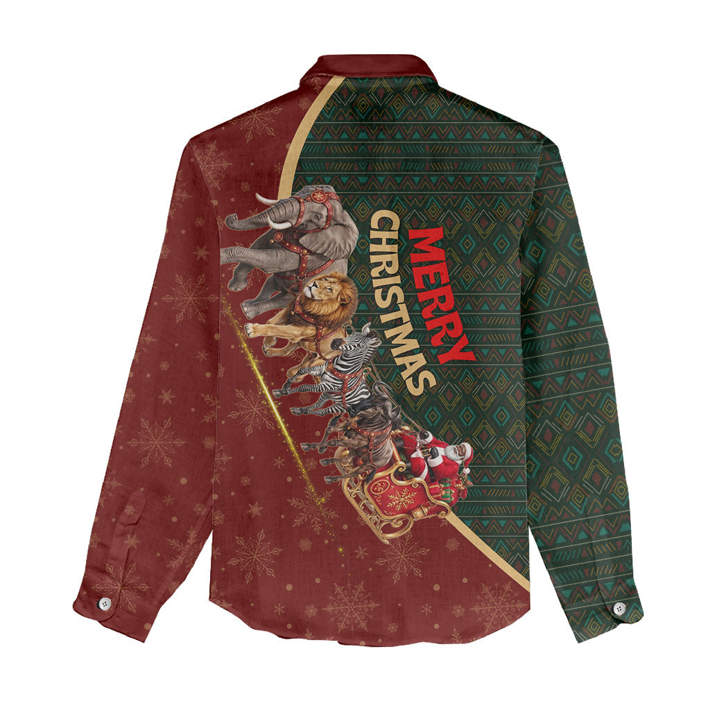 African Safari Animals Christmas Sleigh Women Casual Shirt Festive Wildlife Tribal Pattern Santa Sleigh