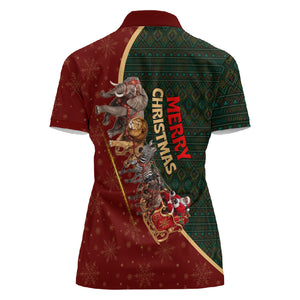 African Safari Animals Christmas Sleigh Women Polo Shirt Festive Wildlife Tribal Pattern Santa Sleigh