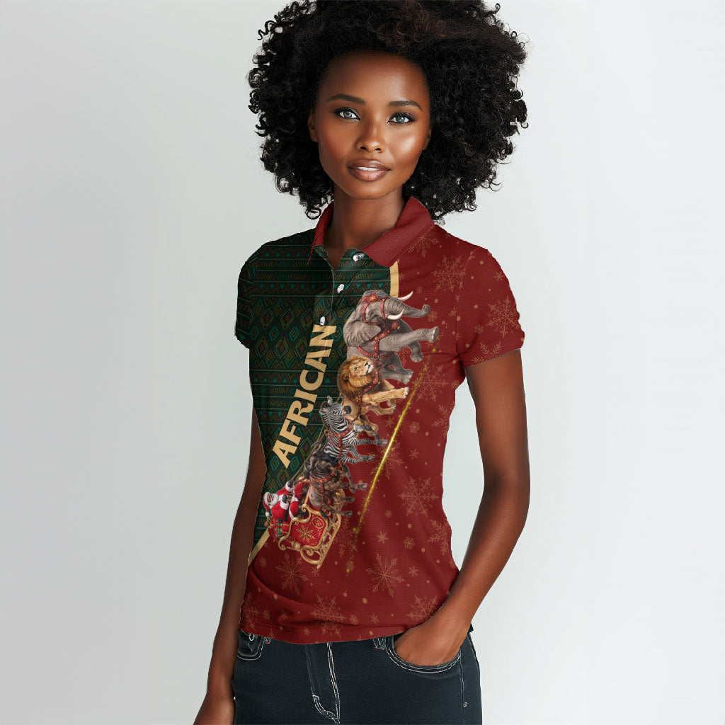 African Safari Animals Christmas Sleigh Women Polo Shirt Festive Wildlife Tribal Pattern Santa Sleigh