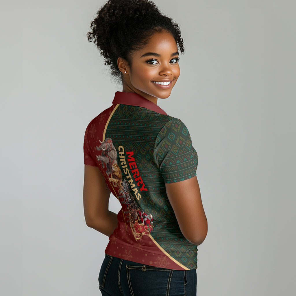 African Safari Animals Christmas Sleigh Women Polo Shirt Festive Wildlife Tribal Pattern Santa Sleigh