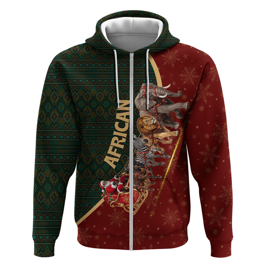 African Safari Animals Christmas Sleigh Zip Hoodie Festive Wildlife Tribal Pattern Santa Sleigh