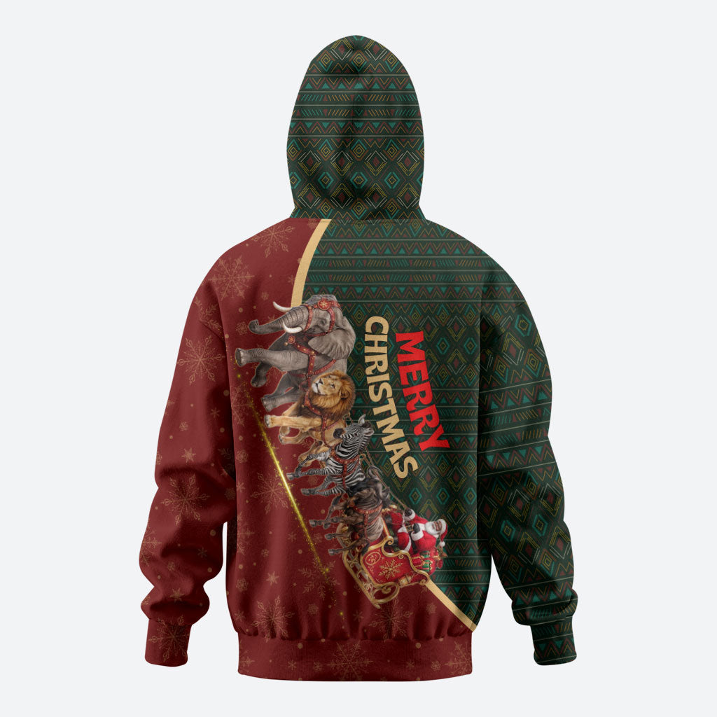 African Safari Animals Christmas Sleigh Zip Hoodie Festive Wildlife Tribal Pattern Santa Sleigh