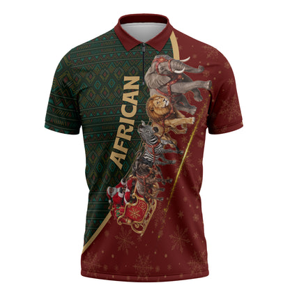 African Safari Animals Christmas Sleigh Zipper Polo Shirt Festive Wildlife Tribal Pattern Santa Sleigh