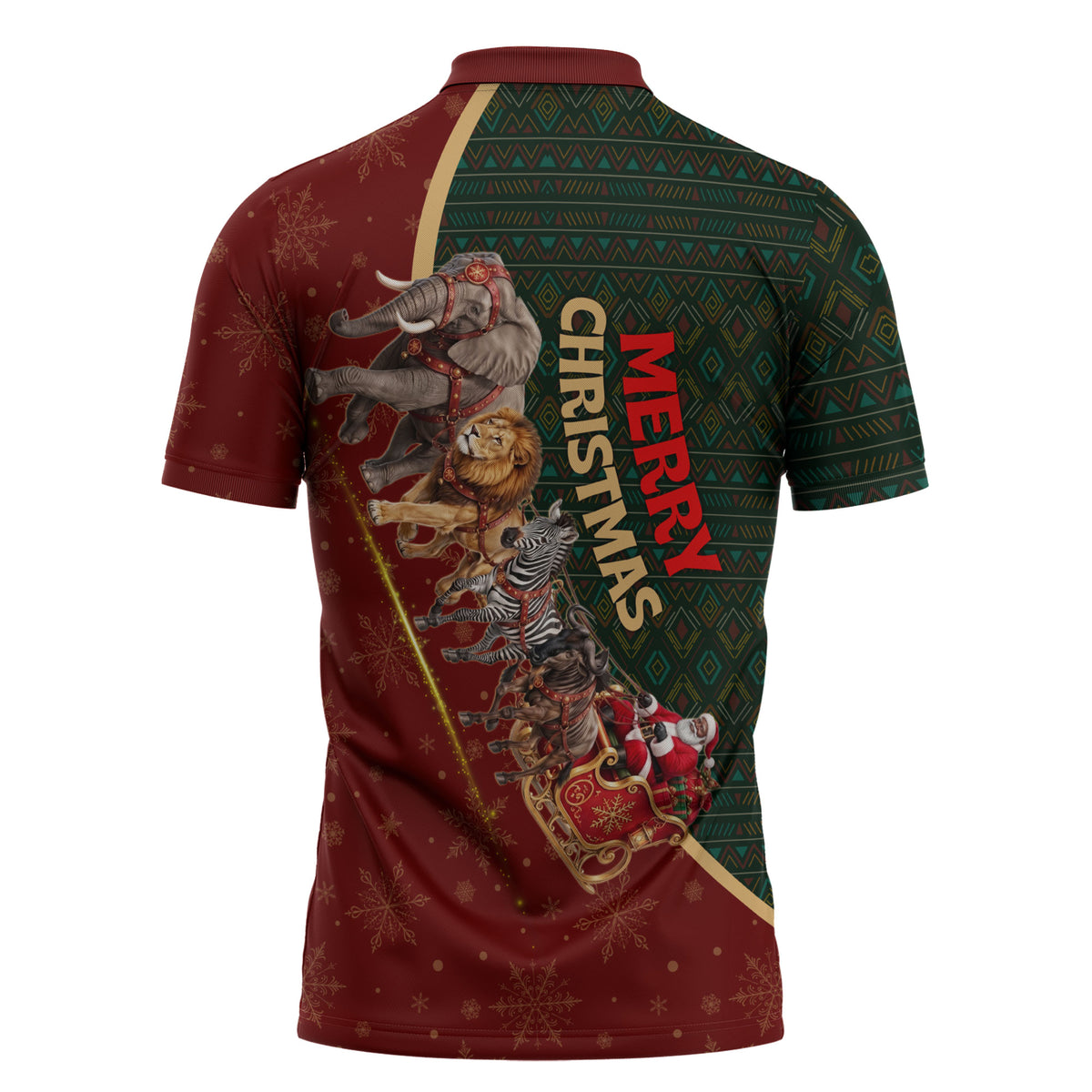 African Safari Animals Christmas Sleigh Zipper Polo Shirt Festive Wildlife Tribal Pattern Santa Sleigh