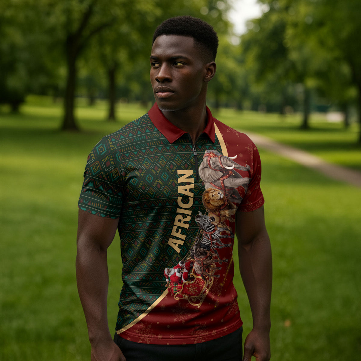 African Safari Animals Christmas Sleigh Zipper Polo Shirt Festive Wildlife Tribal Pattern Santa Sleigh