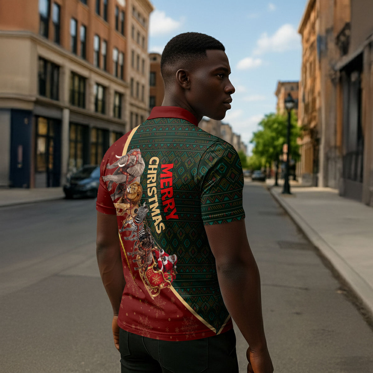 African Safari Animals Christmas Sleigh Zipper Polo Shirt Festive Wildlife Tribal Pattern Santa Sleigh