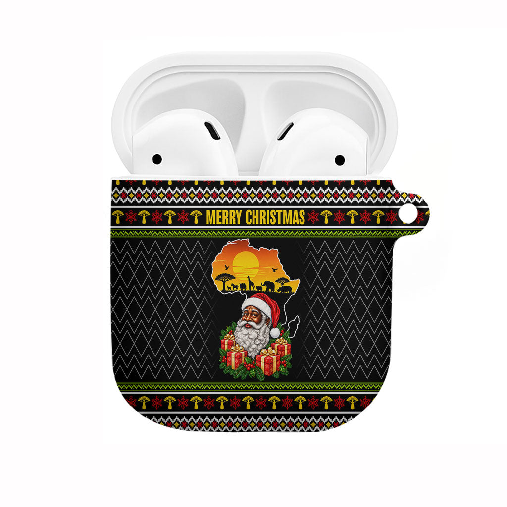 African Safari Black Santa Christmas AirPods Case Ugly Pattern Sunset Baobab Tree Africa Map