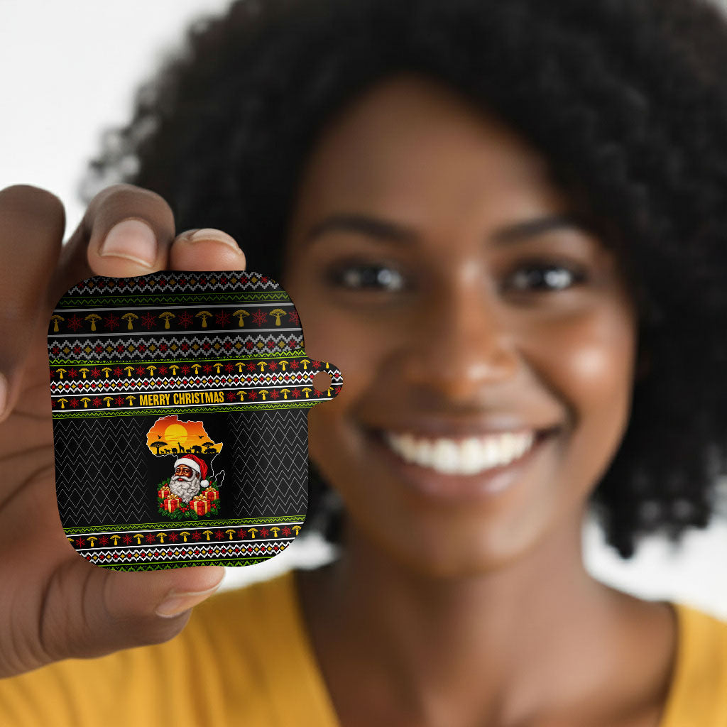 African Safari Black Santa Christmas AirPods Case Ugly Pattern Sunset Baobab Tree Africa Map