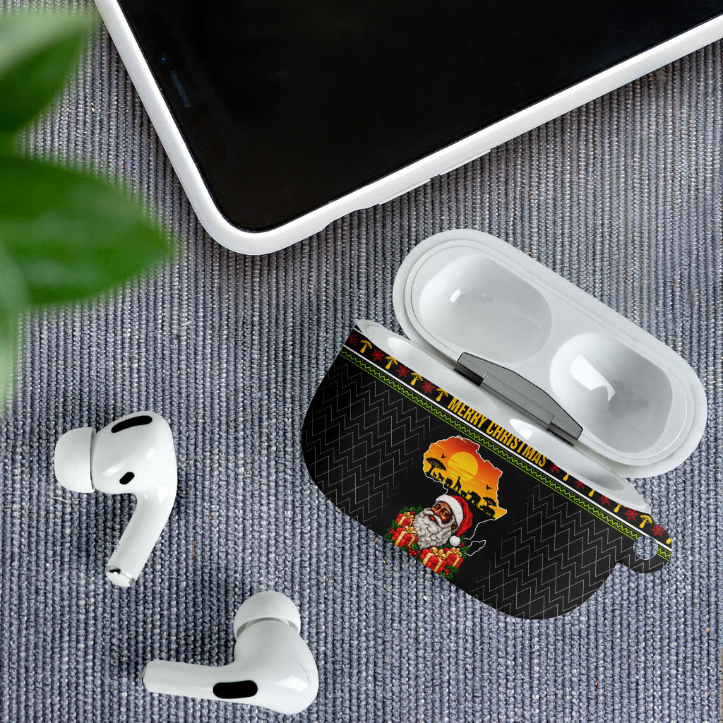 African Safari Black Santa Christmas AirPods Case Ugly Pattern Sunset Baobab Tree Africa Map