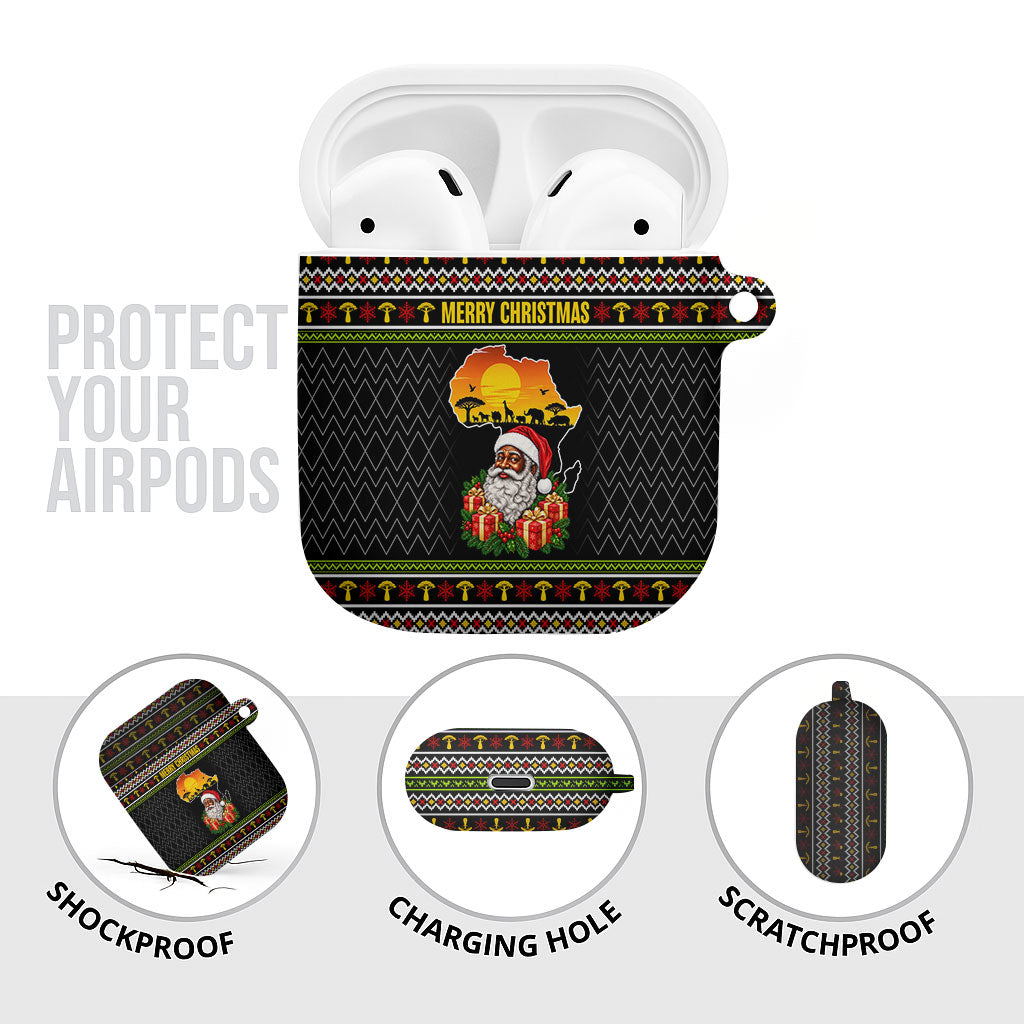 African Safari Black Santa Christmas AirPods Case Ugly Pattern Sunset Baobab Tree Africa Map