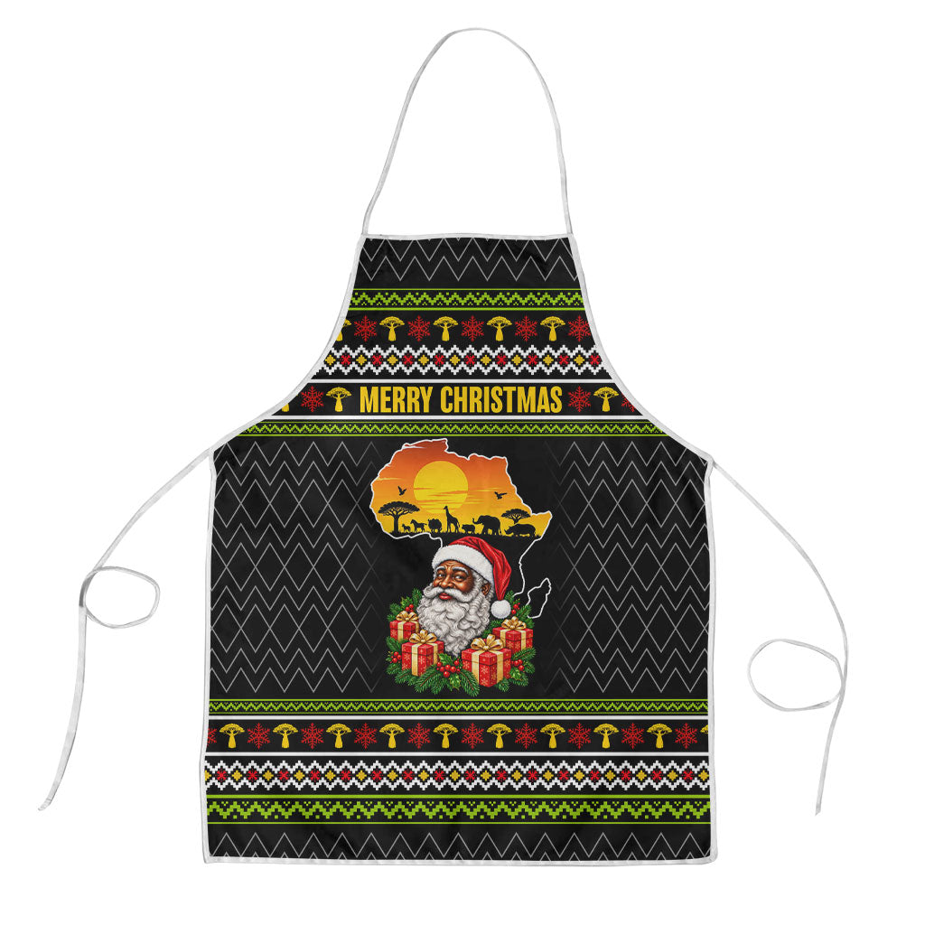 African Safari Black Santa Christmas Apron Ugly Pattern Sunset Baobab Tree Africa Map