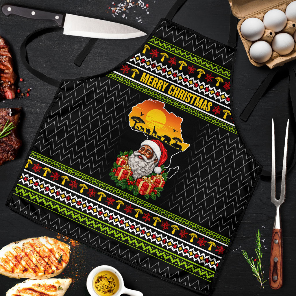 African Safari Black Santa Christmas Apron Ugly Pattern Sunset Baobab Tree Africa Map