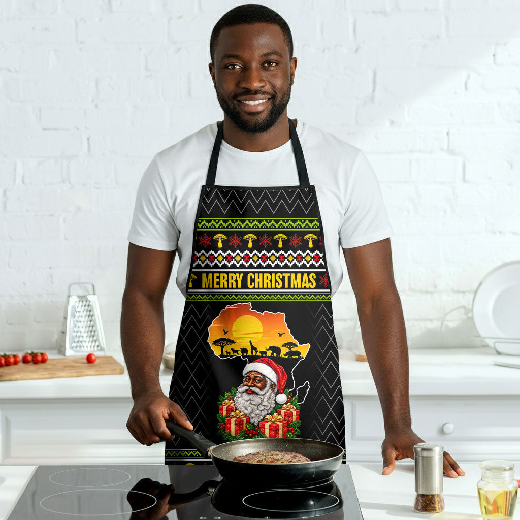 African Safari Black Santa Christmas Apron Ugly Pattern Sunset Baobab Tree Africa Map