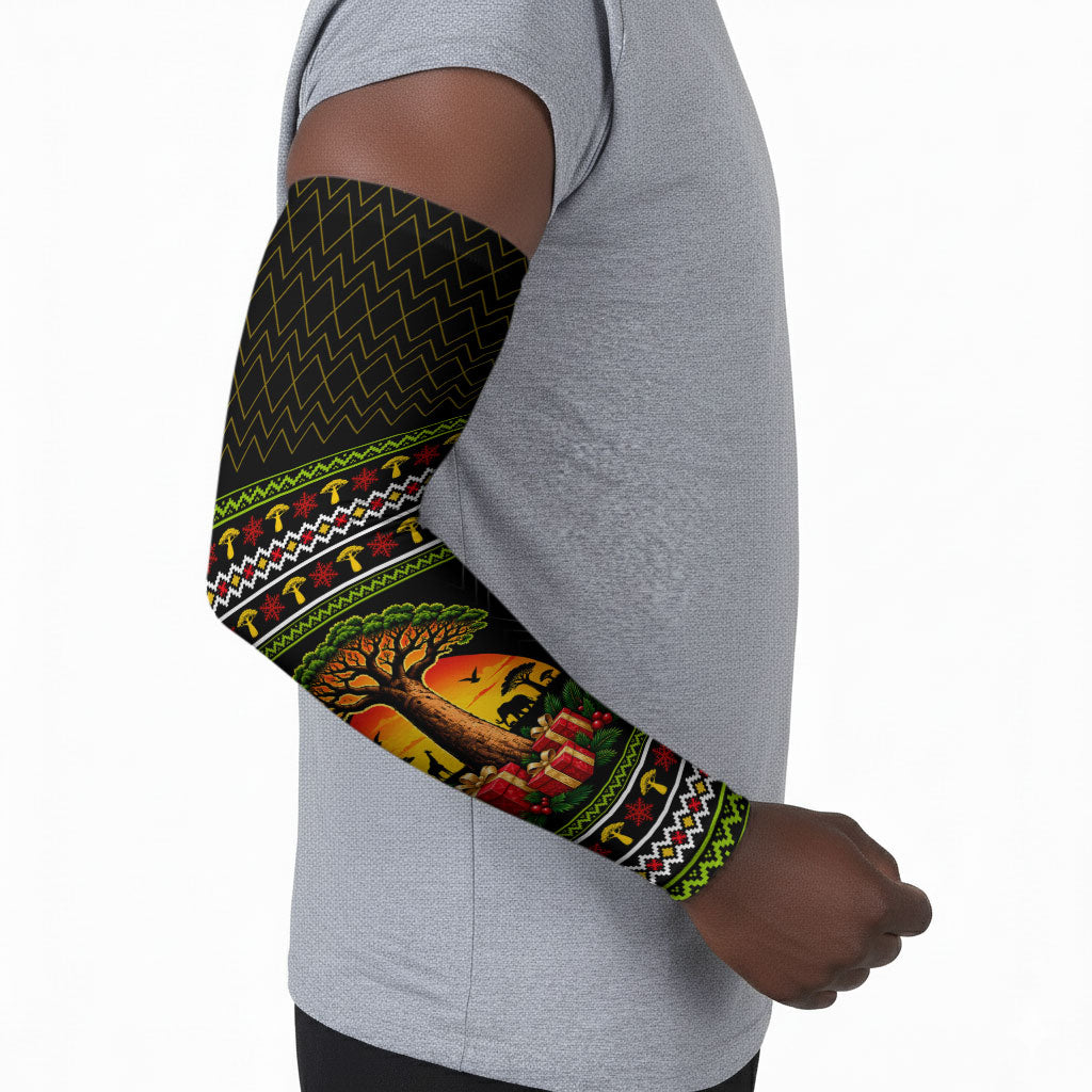 African Safari Black Santa Christmas Arm Sleeves Ugly Pattern Sunset Baobab Tree Africa Map