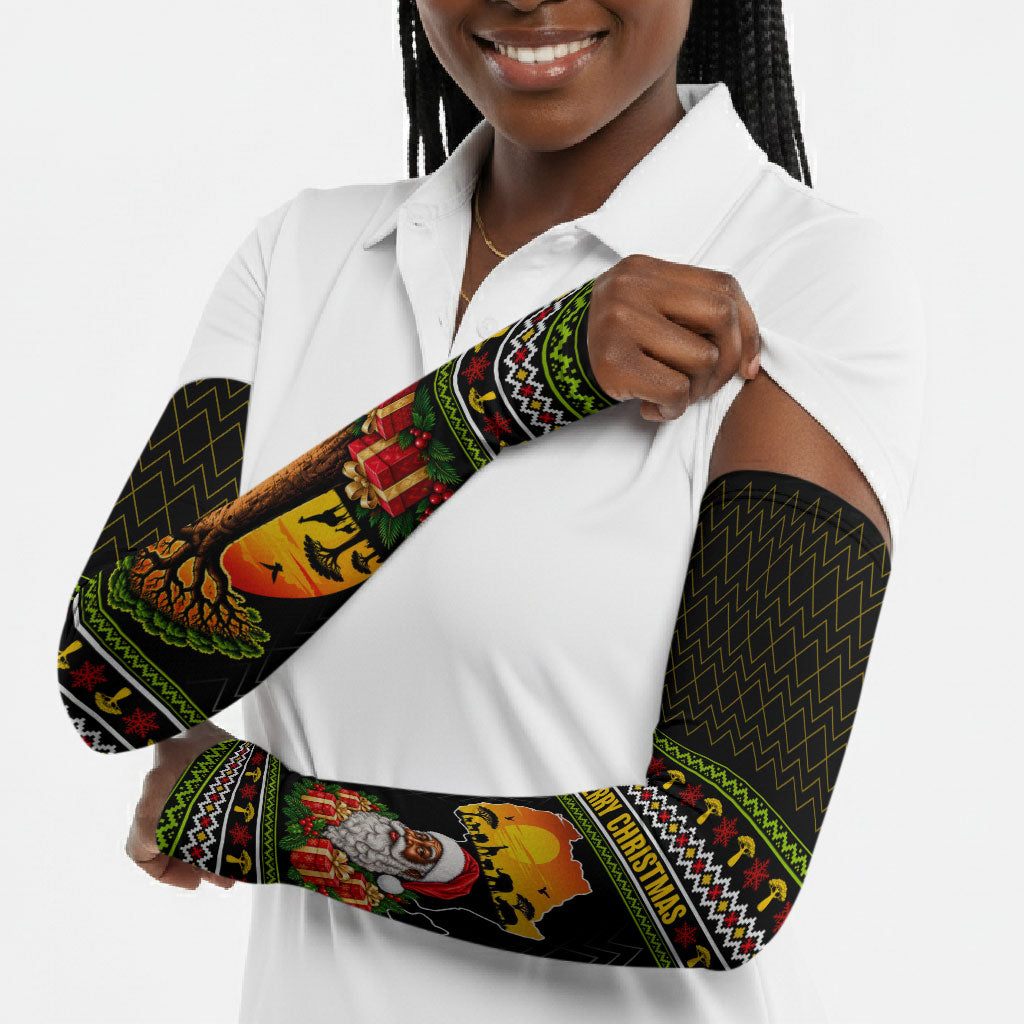 African Safari Black Santa Christmas Arm Sleeves Ugly Pattern Sunset Baobab Tree Africa Map