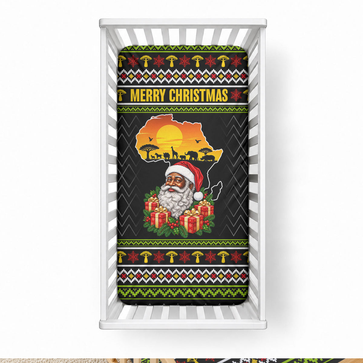 African Safari Black Santa Christmas Baby Bed Cover Ugly Pattern Sunset Baobab Tree Africa Map