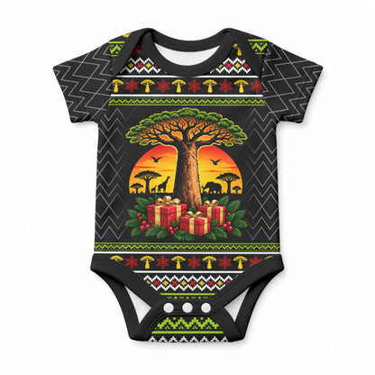 African Safari Black Santa Christmas Baby Onesie Ugly Pattern Sunset Baobab Tree Africa Map