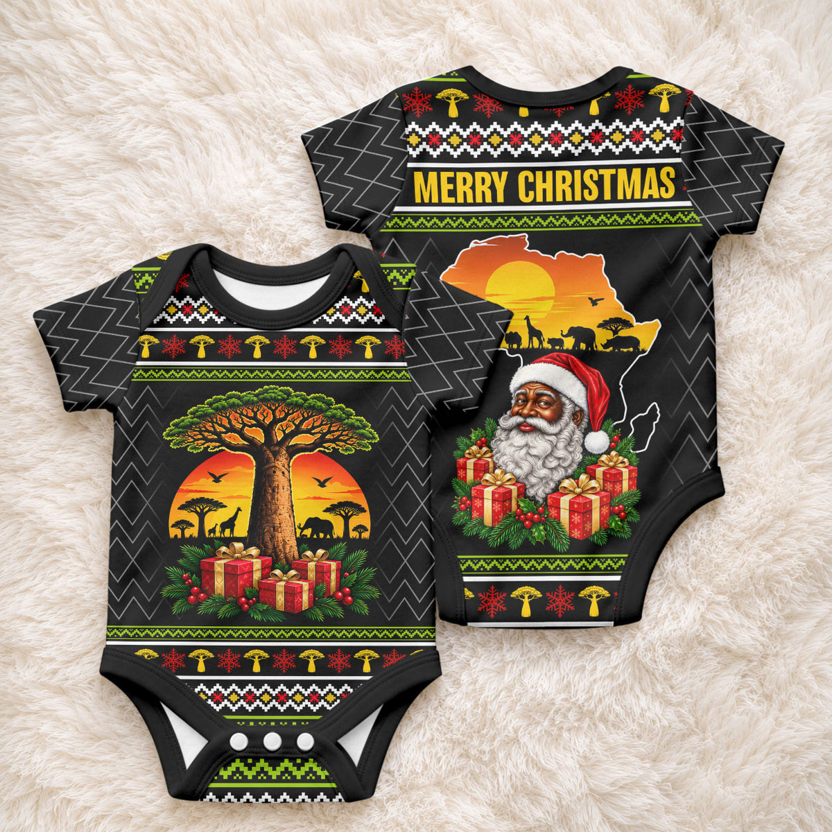 African Safari Black Santa Christmas Baby Onesie Ugly Pattern Sunset Baobab Tree Africa Map