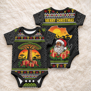 African Safari Black Santa Christmas Baby Onesie Ugly Pattern Sunset Baobab Tree Africa Map