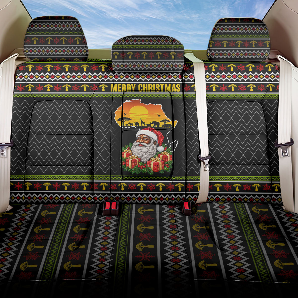 African Safari Black Santa Christmas Back Car Seat Cover Ugly Pattern Sunset Baobab Tree Africa Map