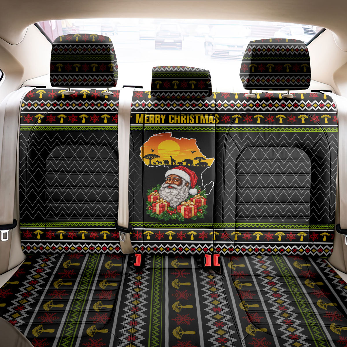 African Safari Black Santa Christmas Back Car Seat Cover Ugly Pattern Sunset Baobab Tree Africa Map