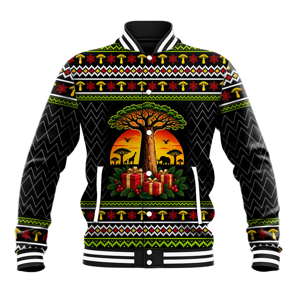 African Safari Black Santa Christmas Baseball Jacket Ugly Pattern Sunset Baobab Tree Africa Map
