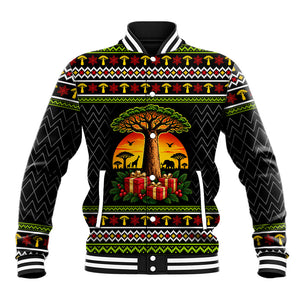 African Safari Black Santa Christmas Baseball Jacket Ugly Pattern Sunset Baobab Tree Africa Map
