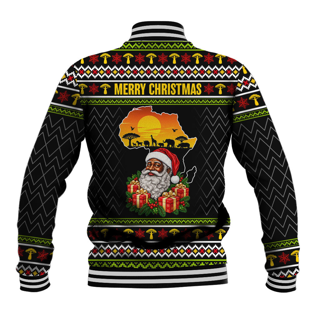 African Safari Black Santa Christmas Baseball Jacket Ugly Pattern Sunset Baobab Tree Africa Map