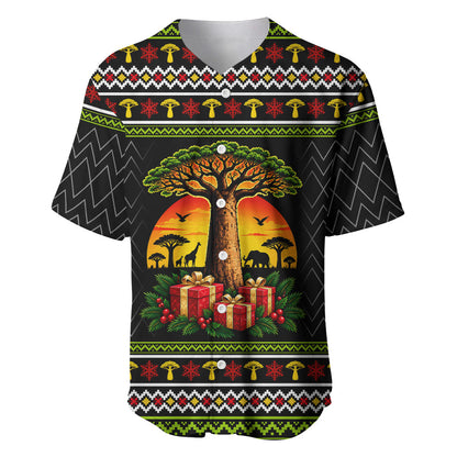 African Safari Black Santa Christmas Baseball Jersey Ugly Pattern Sunset Baobab Tree Africa Map