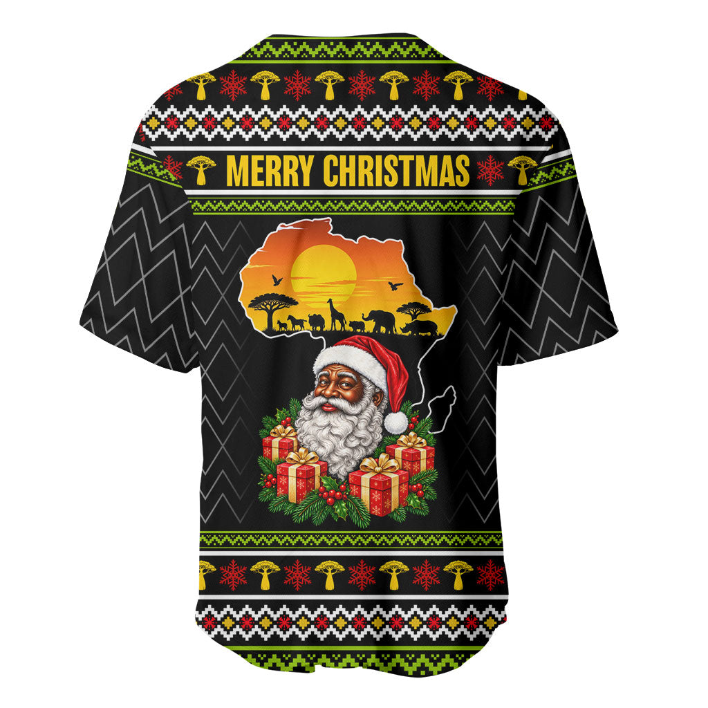 African Safari Black Santa Christmas Baseball Jersey Ugly Pattern Sunset Baobab Tree Africa Map