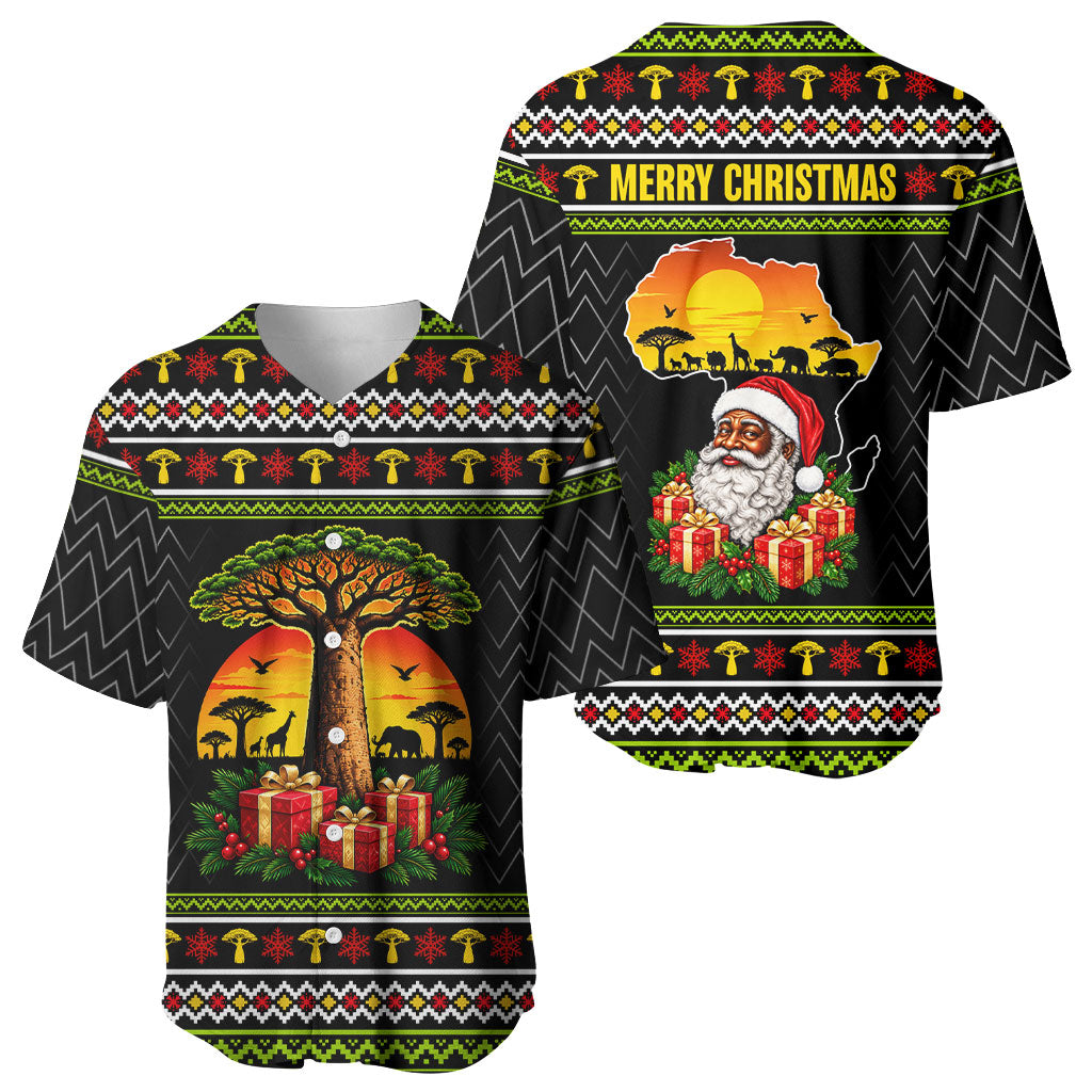 African Safari Black Santa Christmas Baseball Jersey Ugly Pattern Sunset Baobab Tree Africa Map