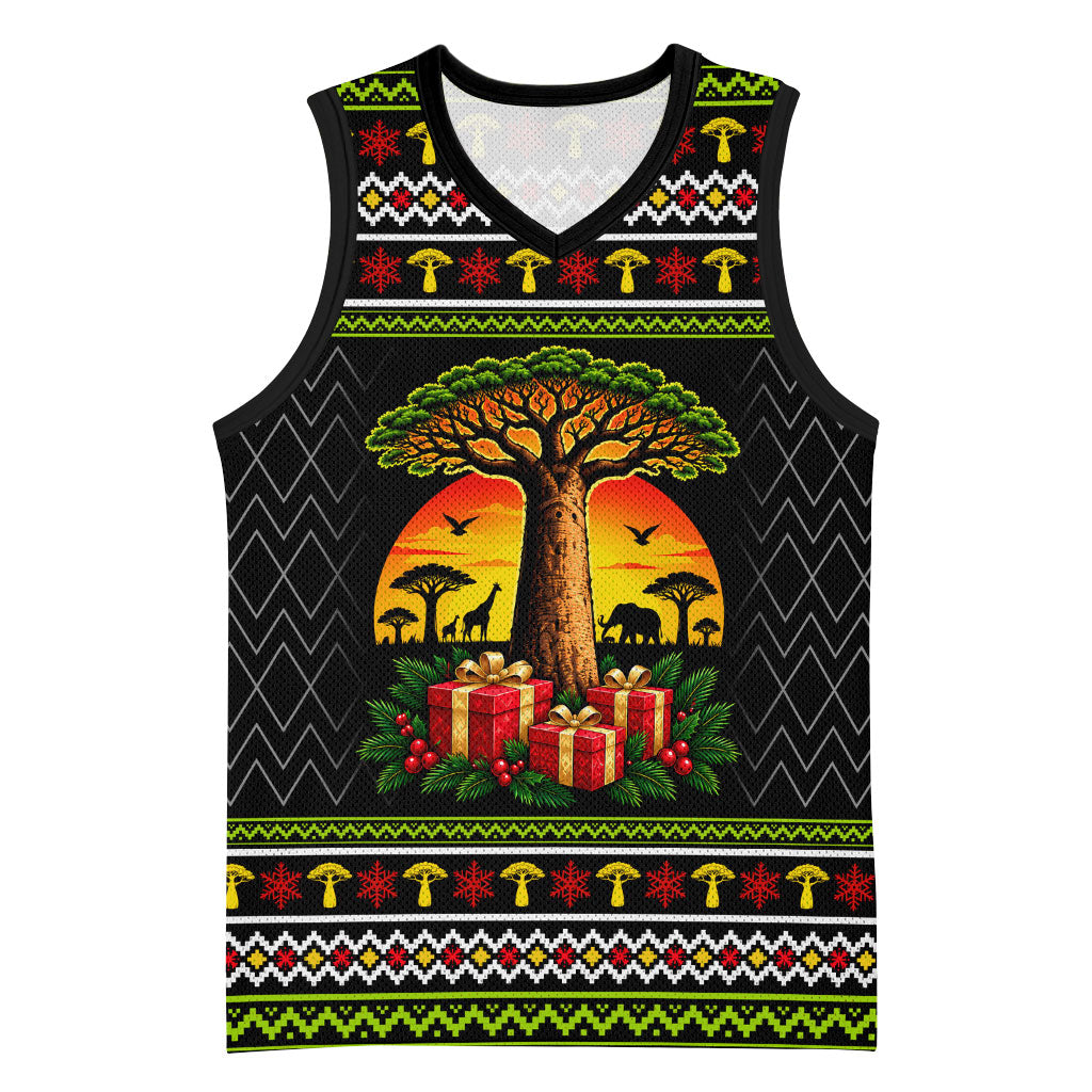 African Safari Black Santa Christmas Basketball Jersey Ugly Pattern Sunset Baobab Tree Africa Map