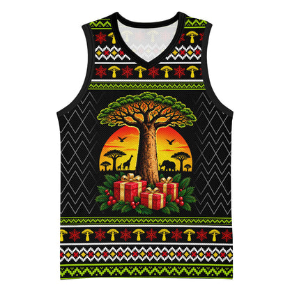 African Safari Black Santa Christmas Basketball Jersey Ugly Pattern Sunset Baobab Tree Africa Map