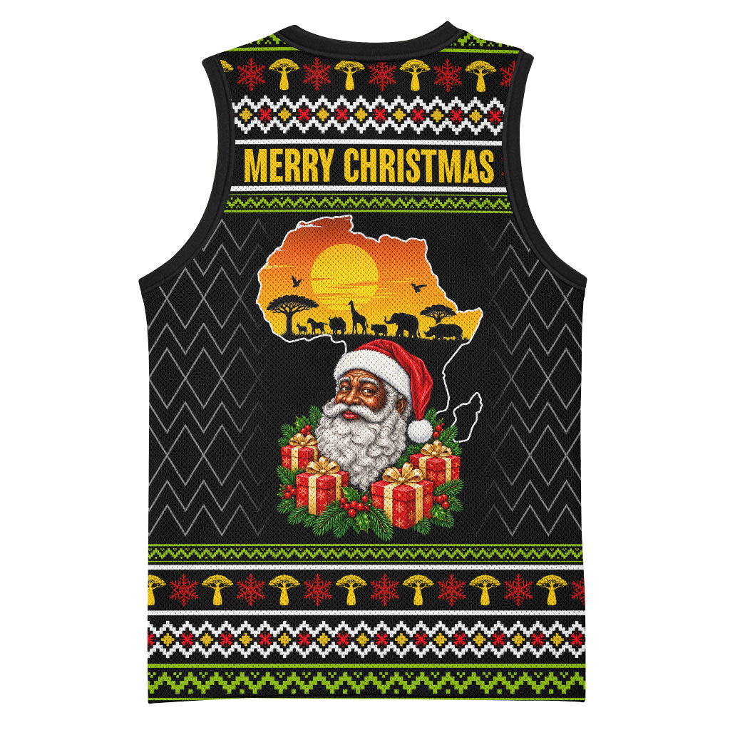 African Safari Black Santa Christmas Basketball Jersey Ugly Pattern Sunset Baobab Tree Africa Map