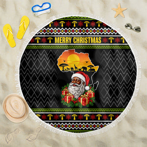 African Safari Black Santa Christmas Beach Blanket Ugly Pattern Sunset Baobab Tree Africa Map