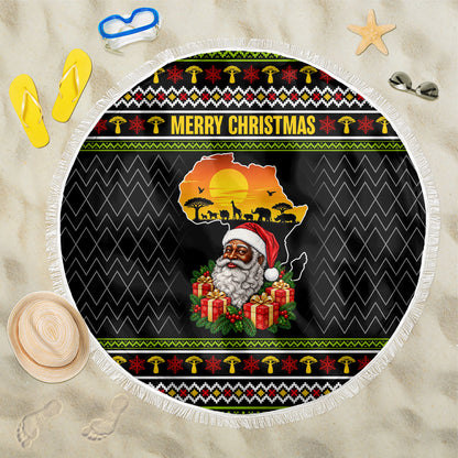 African Safari Black Santa Christmas Beach Blanket Ugly Pattern Sunset Baobab Tree Africa Map