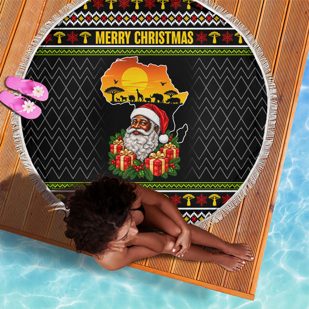 African Safari Black Santa Christmas Beach Blanket Ugly Pattern Sunset Baobab Tree Africa Map