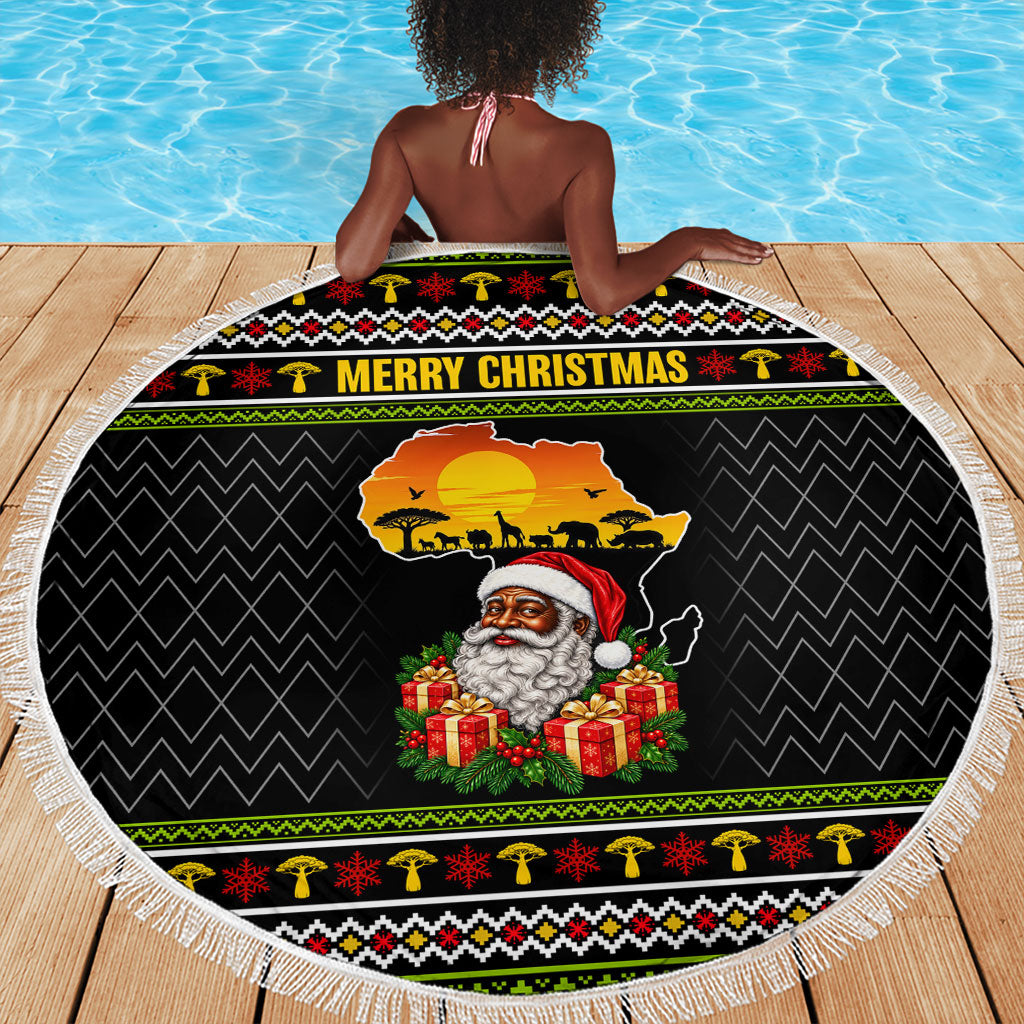 African Safari Black Santa Christmas Beach Blanket Ugly Pattern Sunset Baobab Tree Africa Map