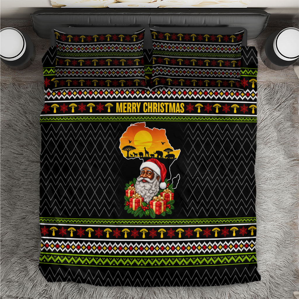 African Safari Black Santa Christmas Bedding Set Ugly Pattern Sunset Baobab Tree Africa Map