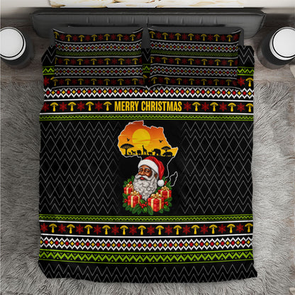 African Safari Black Santa Christmas Bedding Set Ugly Pattern Sunset Baobab Tree Africa Map