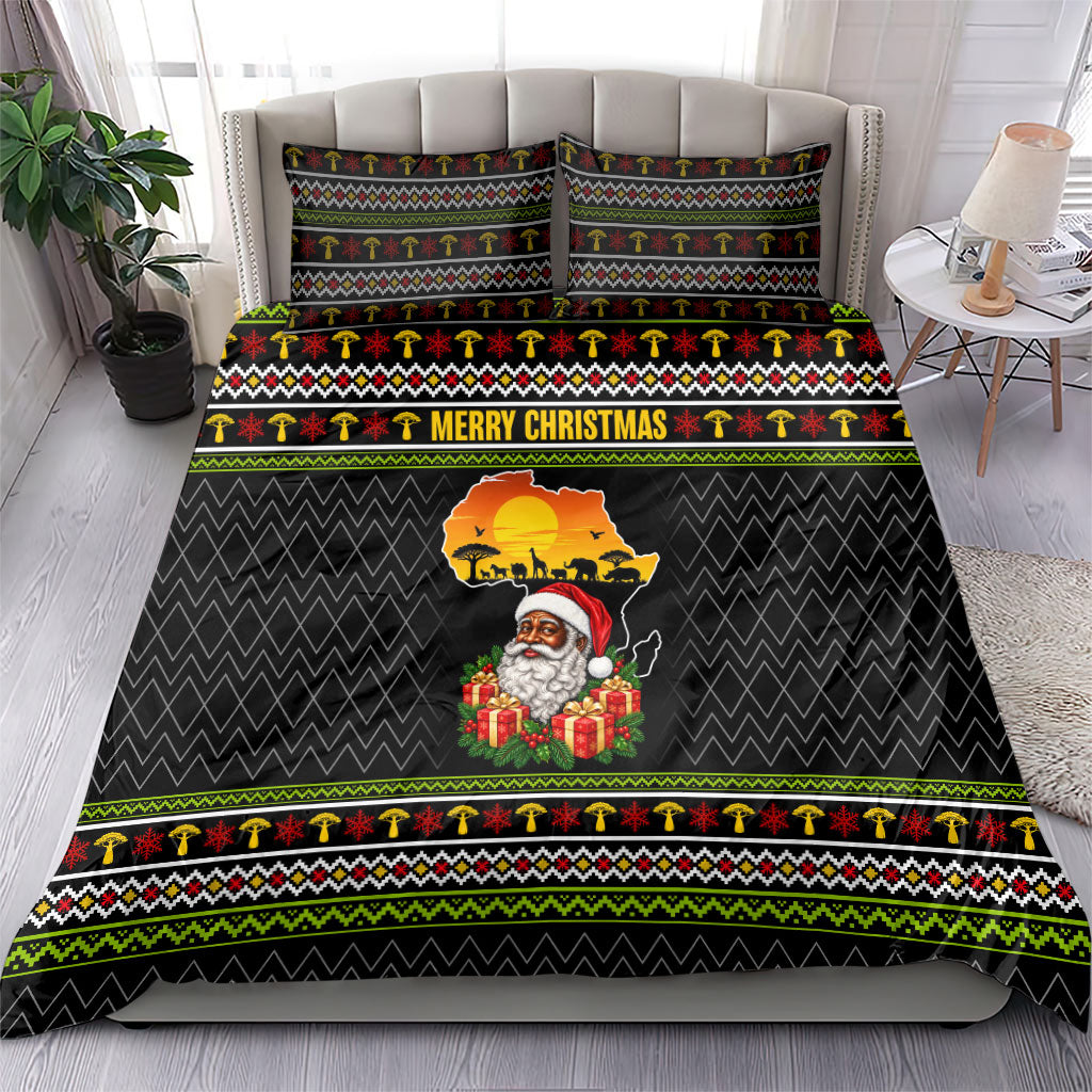 African Safari Black Santa Christmas Bedding Set Ugly Pattern Sunset Baobab Tree Africa Map