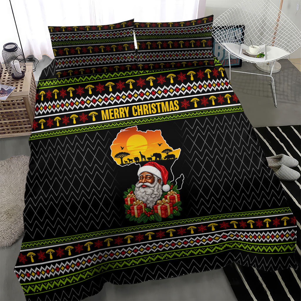 African Safari Black Santa Christmas Bedding Set Ugly Pattern Sunset Baobab Tree Africa Map