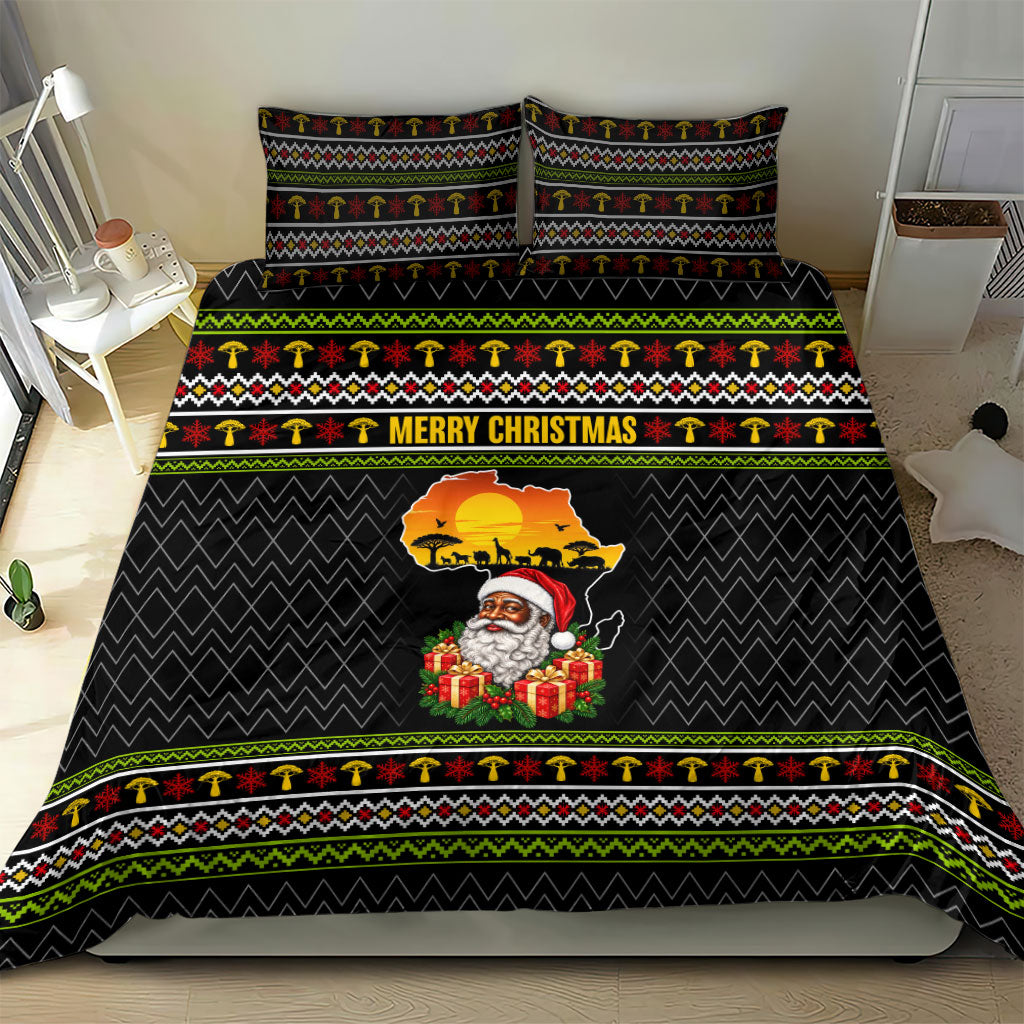 African Safari Black Santa Christmas Bedding Set Ugly Pattern Sunset Baobab Tree Africa Map