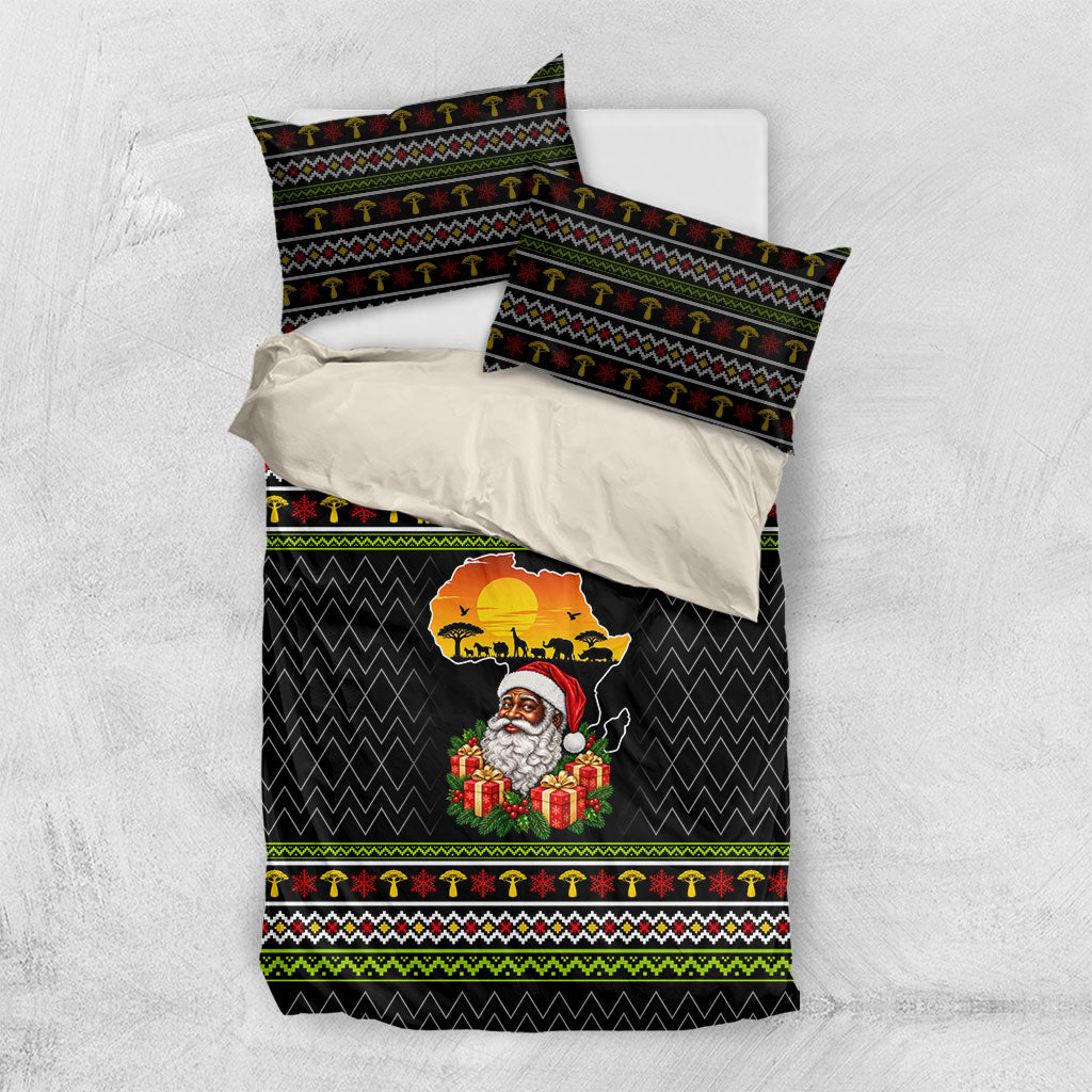 African Safari Black Santa Christmas Bedding Set Ugly Pattern Sunset Baobab Tree Africa Map
